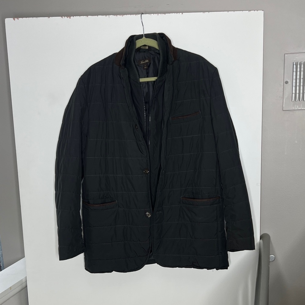 Tasso Elba Sz L Men's Quilted Charcoal Black Jacket Brown Suede Collar & Trim